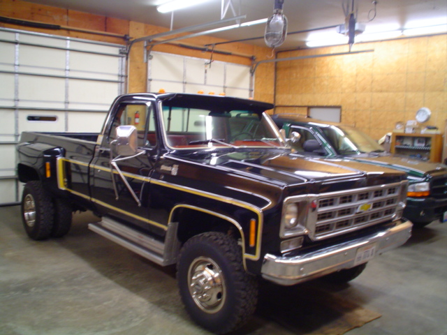 My  "77" Chev. K-30
Order'd this truck in Sept. 1976 Waited 20 weeks
For it  Picked it up Feb 77
It was spec'd with every option Chev. had at the time
including Fact. Tach. Cloth seats, "No-Spin" Diff.
Finished 5 year restoration in 03
