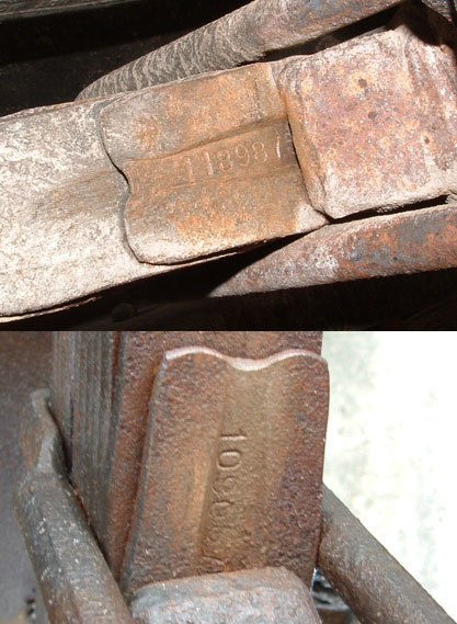 WDX springs
Bottom half of the image is of the front spring pack part number 1090 570, with tapering near ends both in thickness and width and rounded corners. Full length grease groove and split main leafs (not shown). Top half of the image is of the rear spring pack part number 1189 875 with all of the same features.
