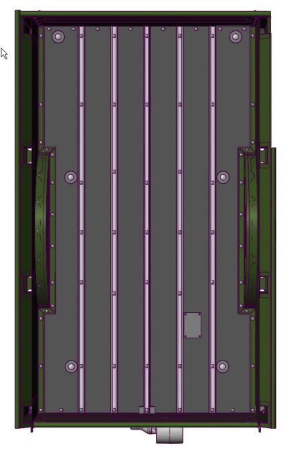 First Series Pickup Bed Bolt Layout
Plan view of a 3-D solid computer model created from reverse engineering the express bed on my '47 WDX Power-Wagon. This view shows the layout of the bed wood, bed strips, hardware, and fuel tank inspection plate, as found on first series "four pocket" beds used from 1946 through very early 1951.
