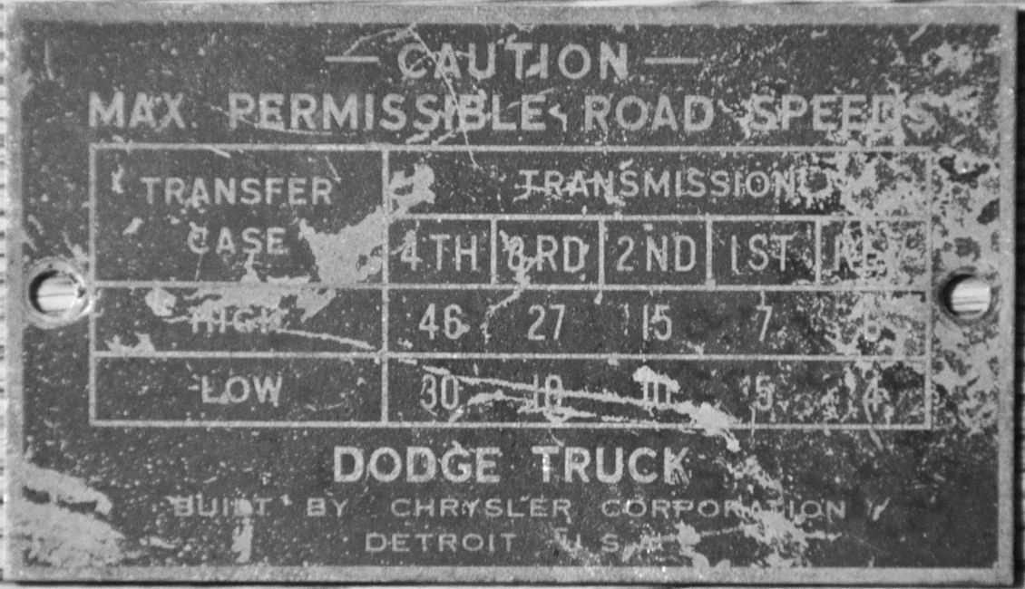 1948 B-1-PW Road Speed Data Plate
