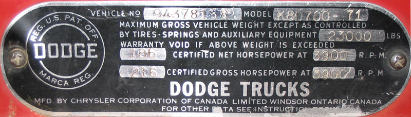 1951 to 1957 Canadian Built Dodge or Fargo Truck Tag Click for larger image
