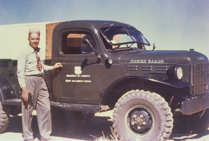 "Seawolf Submarine Green" Power Wagon
The truck pictured appears to be painted the factory Seawolf Submarine Green, a color reported in the period sales literature as being standard only on the Power Wagon. Depending upon the light, this color sometimes appears more brown or gray than green. The color in this image is a very good match to the Ditzler Seawolf Submarine Green paint chips from 1946-1949.

Photo courtesy of www.photolib.noaa.gov
