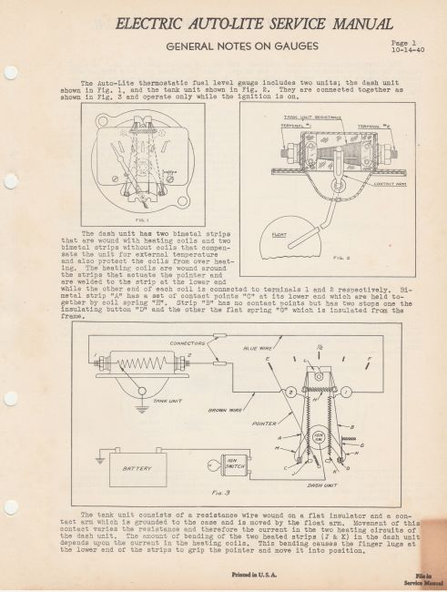 Page 1
Auto-Lite thermostatic fuel level gauge  -dash and tank units
