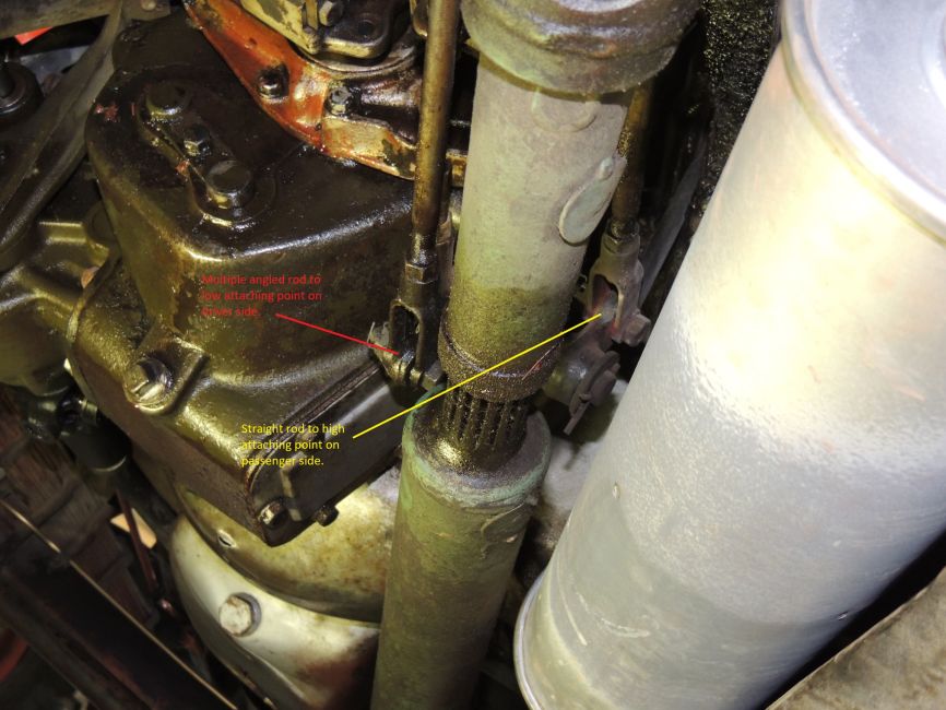 Transfer Case shift rods viewed from below and from Passenger Side of truck.
This image gives a better view of the attachment of the control rods to the levers within the cab of the truck. 

Both levers in the cab are positioned at their furthest possible position forward towards the firewall. 
