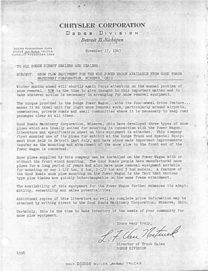 Good Roads Snowplow Correspondence
Nov 17, 1947 cover letter from Good Roads Machinery Corporation announcing the "Dodge Special" plow.
