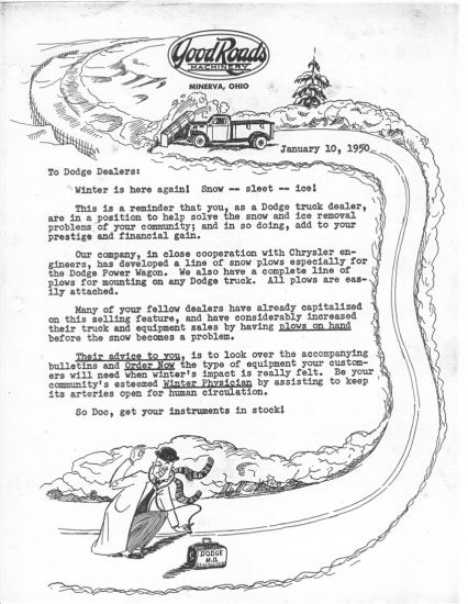 Good Roads Snowplow Correspondence
Jan 10, 1950 reminder letter from Good Roads Machinery Corporation to Dodge.
