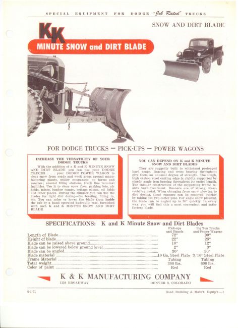 KK Minute Snowplow Page 01
1951 Special Equipment Catalog, page 1 of brochure detailing the KK Minute snow and dirt blade.
