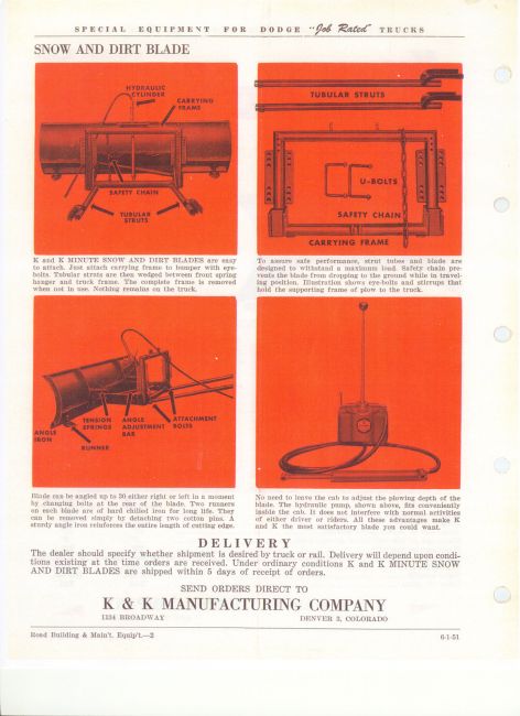 KK Minute Snowplow Page 02
1951 Special Equipment Catalog, page 2 of brochure detailing the KK Minute snow and dirt blade.
